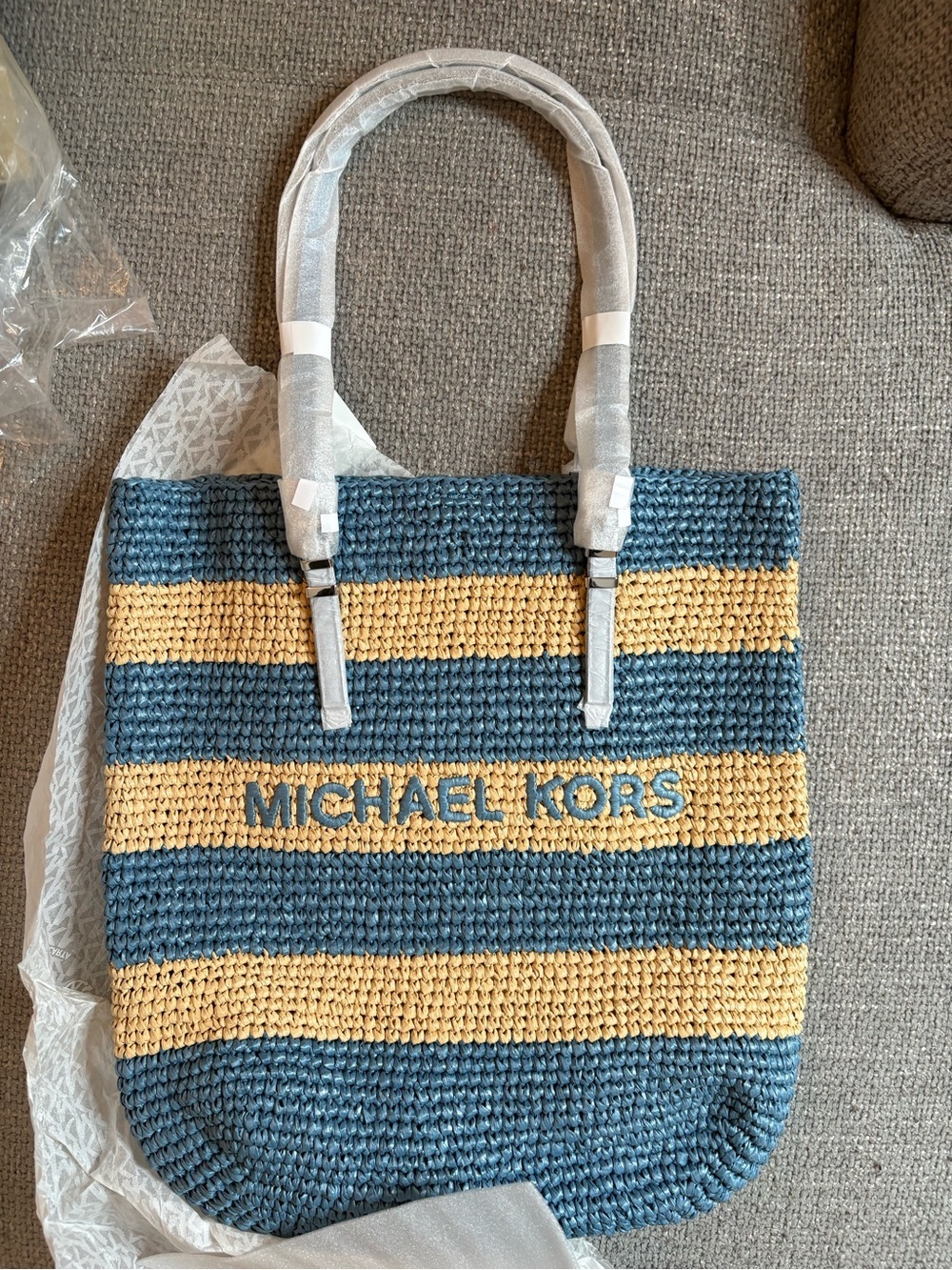 Michael Kors Quinn Striped Straw Tote Bag Cream & Blue - Picture 9 of 12